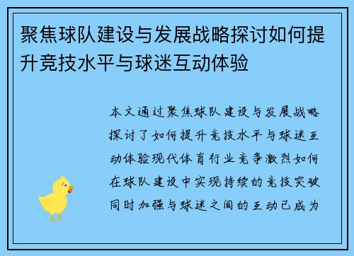 聚焦球队建设与发展战略探讨如何提升竞技水平与球迷互动体验