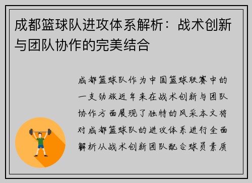 成都篮球队进攻体系解析：战术创新与团队协作的完美结合