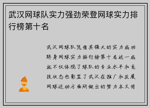 武汉网球队实力强劲荣登网球实力排行榜第十名